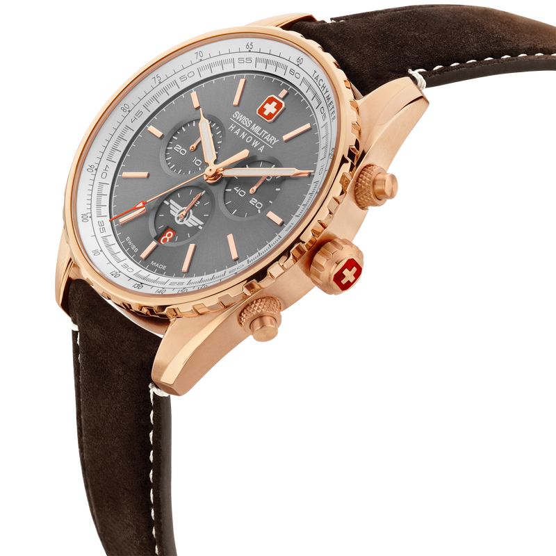 AFTERBURN CHRONO 44MM ROSE GOLD PLATED CASE DARK BROWN LEATHER STRAP