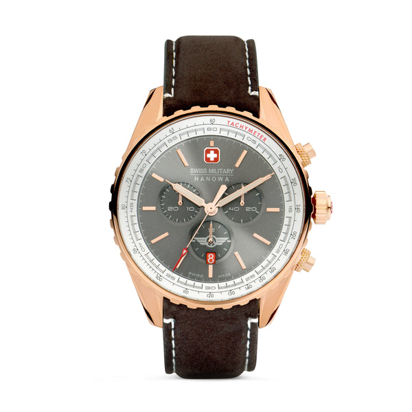 Swiss Military Hanowa Men's Watch Chronograph Leather Strap Rose Gold Grey 42 mm - Swiss Military Watch - Men's Watch Chronograph - Wristwatch