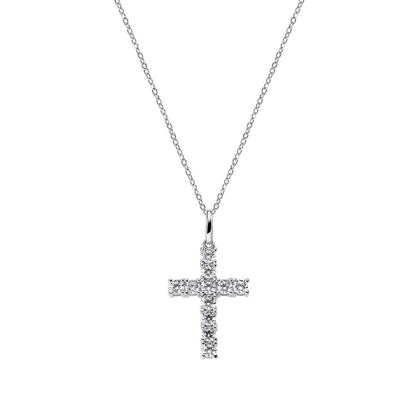Sterling silver necklace and white zirconia - Rhodium - (Length 42+5cm - cross h. 2.4cm)