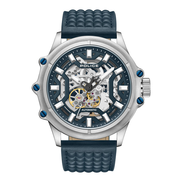 EXTREME STAINLESS STEEL NAVY LEATHER STRAP W/ 3D PYRAMID DETAIL TONAL STITCHES