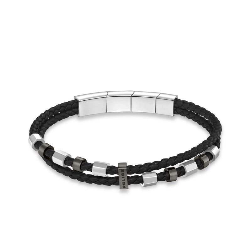 Police Freeway SS & Gun Beads Herren Duo-Lederarmband, Schwarz, Leder