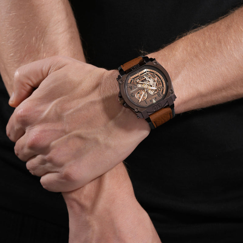 NORWOOD STAINLESS STEEL IP L. BROWN BLACK OILY & TAN BUFFALO DUAL LAYERS LEATHER W/BLACK STITCHES