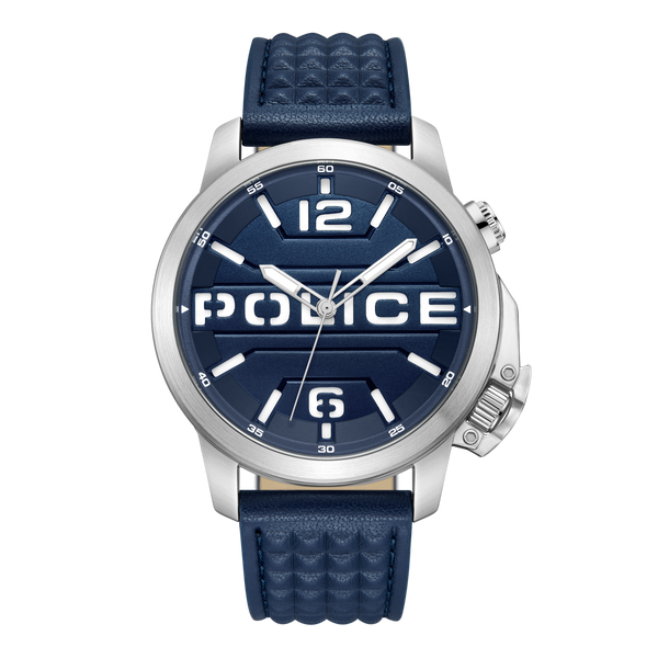 Police quartz watch men's watch leather dark blue, (analogue watch), men's watch round, extra large (approx. 44x52mm) leather strap