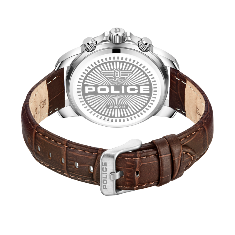 Police Mensor Herren-Chronograph mit Lederarmband, 44 mm, Grau/Braun, Modern