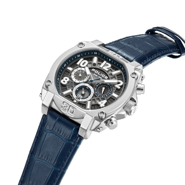 REBEL STAINLESS STEEL STEEL BLUE LEATHER STRAP