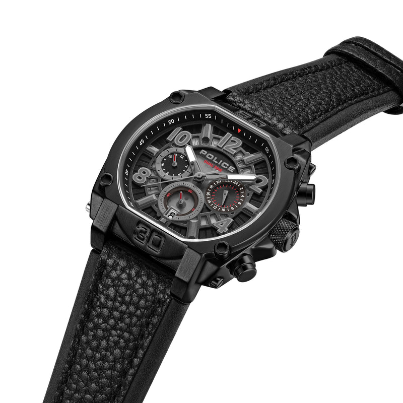 REBEL STAINLESS STEEL IP BLACK CHARCOAL &amp; BLACK DUAL LAYER LEATHER STRAP