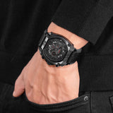 REBEL STAINLESS STEEL IP BLACK CHARCOAL & BLACK DUAL LAYER LEATHER STRAP