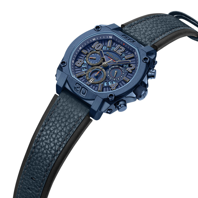 REBEL STAINLESS STEEL IP BLUE BLUE &amp; BLUE DUAL LAYER LEATHER STRAP