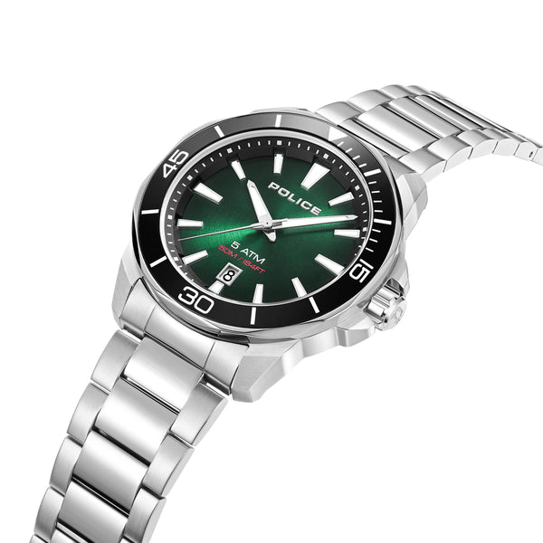 Police quartz watch men's watch stainless steel silver, (analogue watch), men's watch round, extra large (approx. 43x49mm) stainless steel bracelet, green