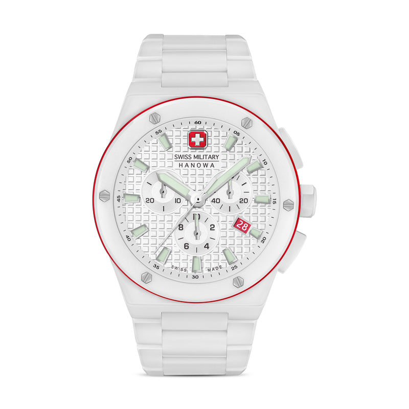 Swiss Military Hanowa Orologio da polso unisex Bianco/Rosso 42 mm Orologio da uomo in acciaio inossidabile Cronografo Orologio da polso al quarzo