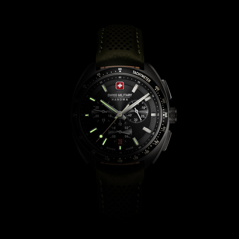 DEFENDER 41 MM GUN METAL PLATED CASE OLIVE COLOR LEATHER STRAP