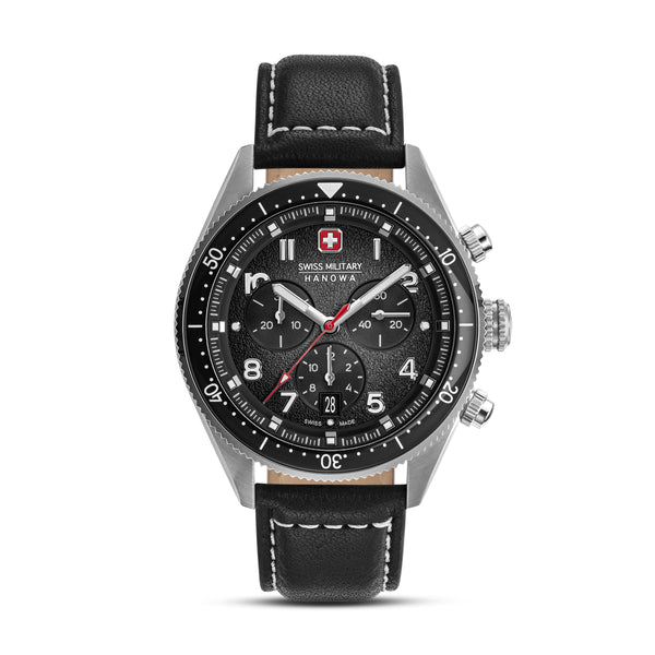 GREYHOUND CHRONO 43 MM STAINLESS STEEL CASE BLACK LEATHER STRAP