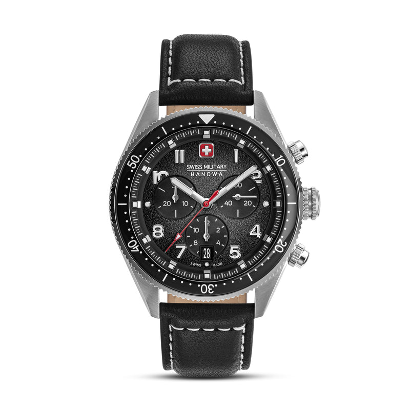 GREYHOUND CHRONO 43MM STAINLESS STEEL CASE BLACK LEATHER STRAP