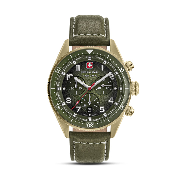 GREYHOUND CHRONO 43 MM STAINLESS STEEL CASE OLIVE LEATHER STRAP