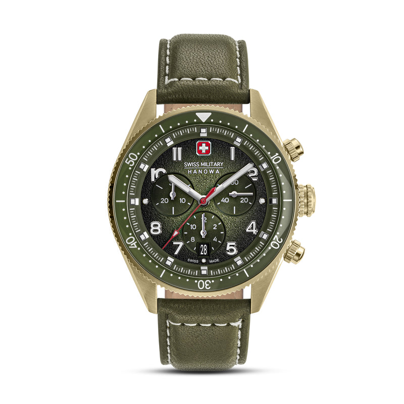 GREYHOUND CHRONO 43MM STAINLESS STEEL CASE OLIVE LEATHER STRAP