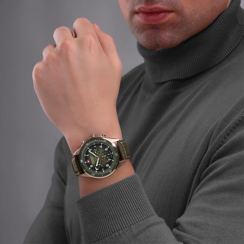 GREYHOUND CHRONO 43 MM STAINLESS STEEL CASE OLIVE LEATHER STRAP