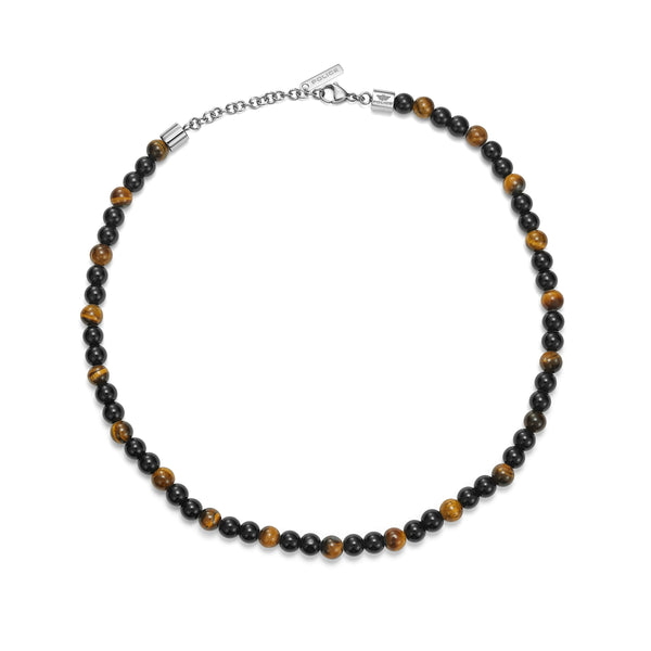 PE SPHERES SS HARDWARE TIGERSEYE &amp; BLK BEADS NKL